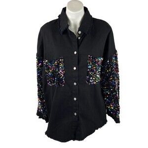 Fantastic Fawn Women Medium Black Jacket Oversized Sequin Pocket Sleeve NWT